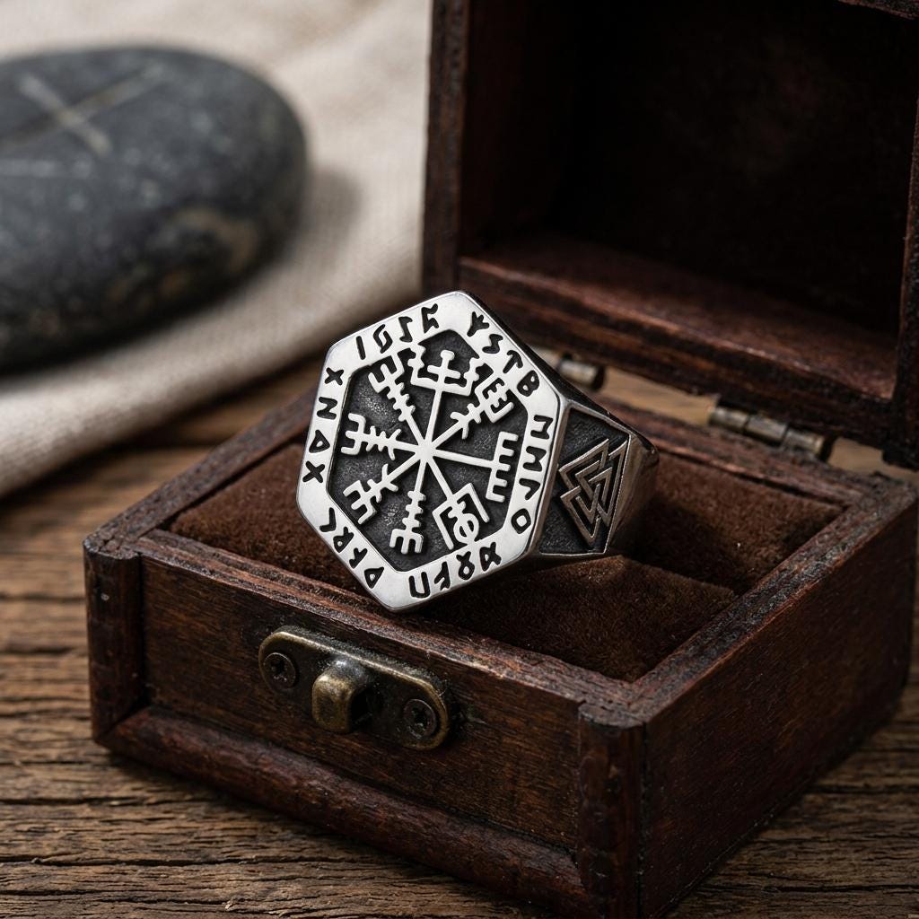 Viking Odin Ring - Vegvisir Viking Signet Ring, Norse Rune Protection Ring, 316L Stainless Steel