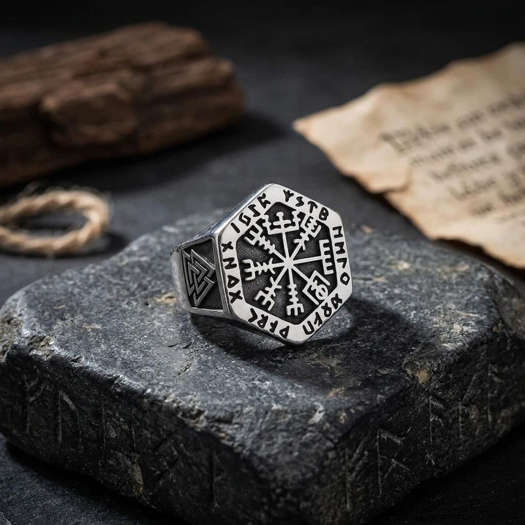 Viking Odin Ring - Vegvisir Viking Signet Ring, Norse Rune Protection Ring, 316L Stainless Steel