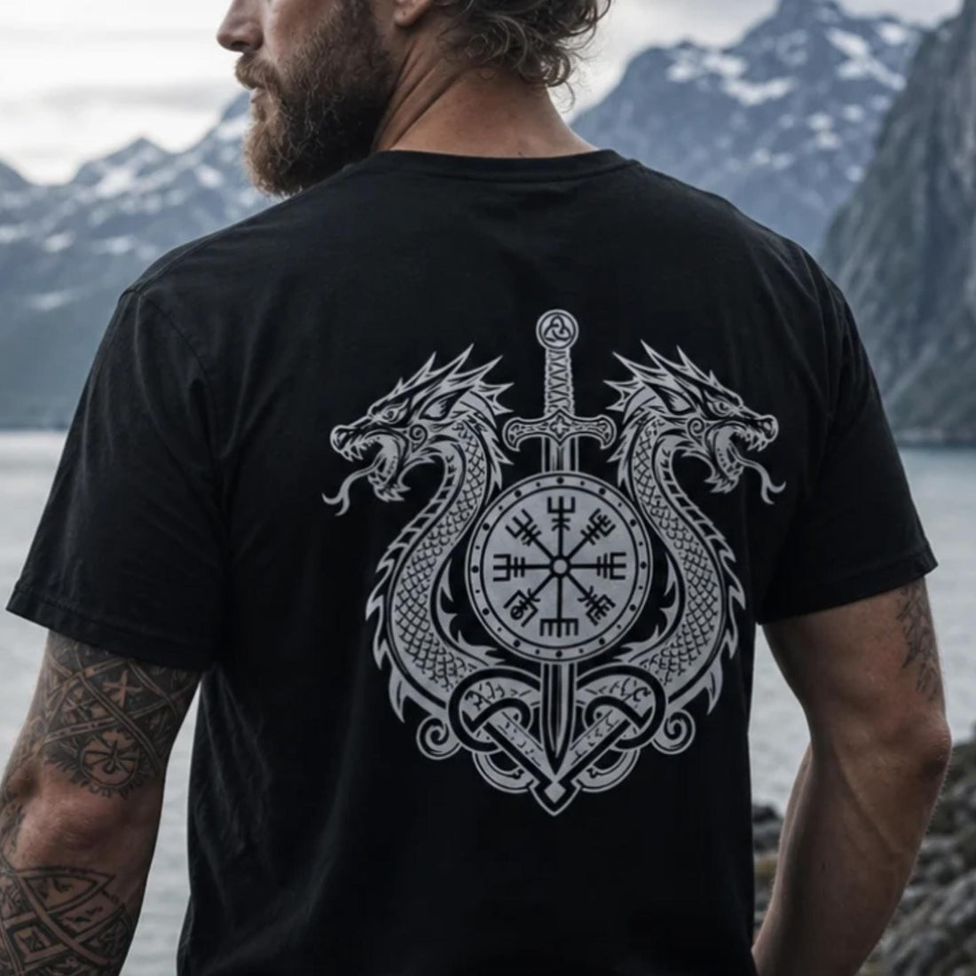 Viking T-Shirt - Dragon Vegisir Norse Mythology Viking T-shirt for Men Compass Graphic Tee Design
