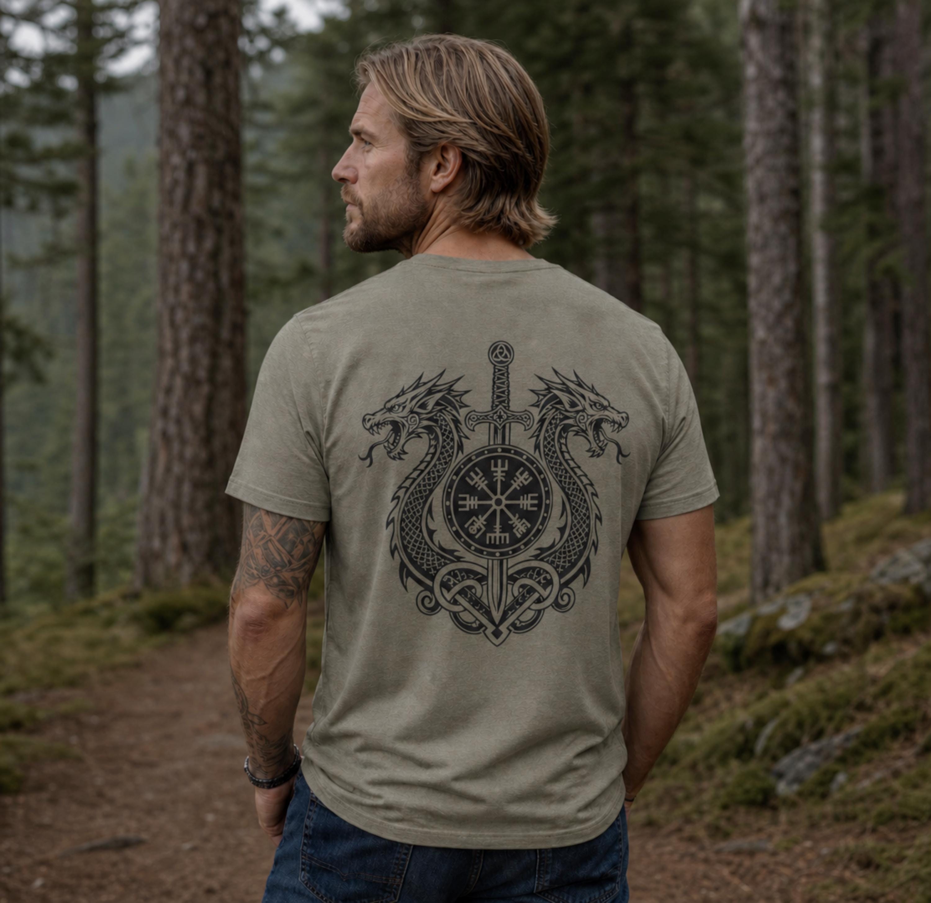 Viking T-Shirt - Dragon Vegisir Norse Mythology Viking T-shirt for Men Compass Graphic Tee Design