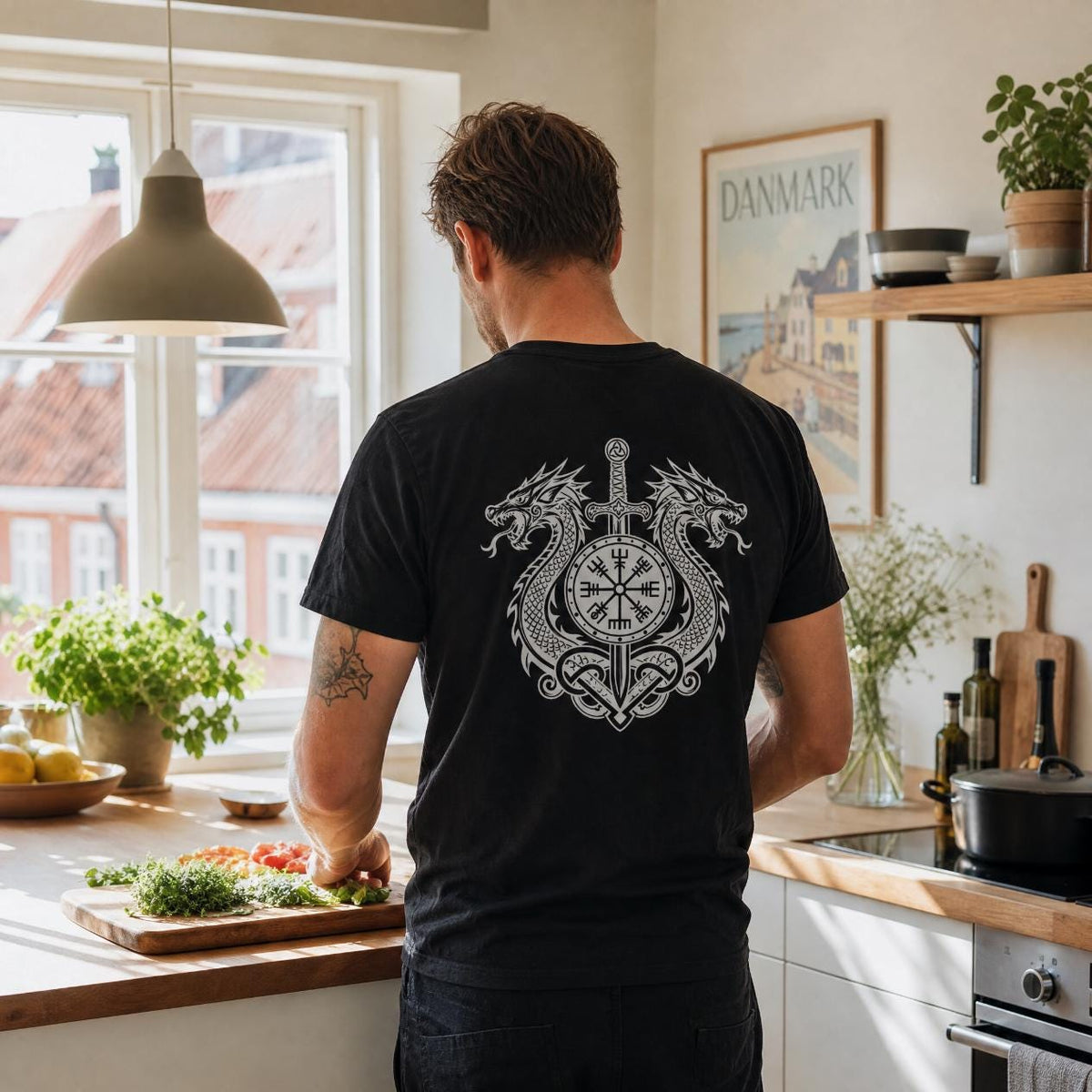 Viking T-Shirt - Dragon Vegisir Norse Mythology Viking T-shirt for Men Compass Graphic Tee Design
