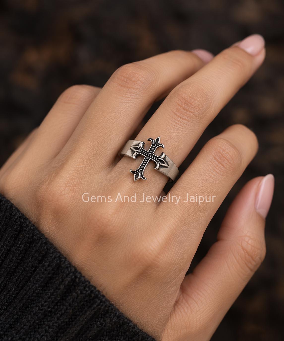 Viking Ring - Sterling Silver Gothic Cross Ring, Fleur De Lis Cross Ring, Medieval Cross Statement