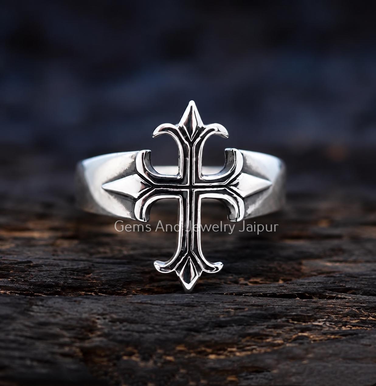 Viking Ring - Sterling Silver Gothic Cross Ring, Fleur De Lis Cross Ring, Medieval Cross Statement