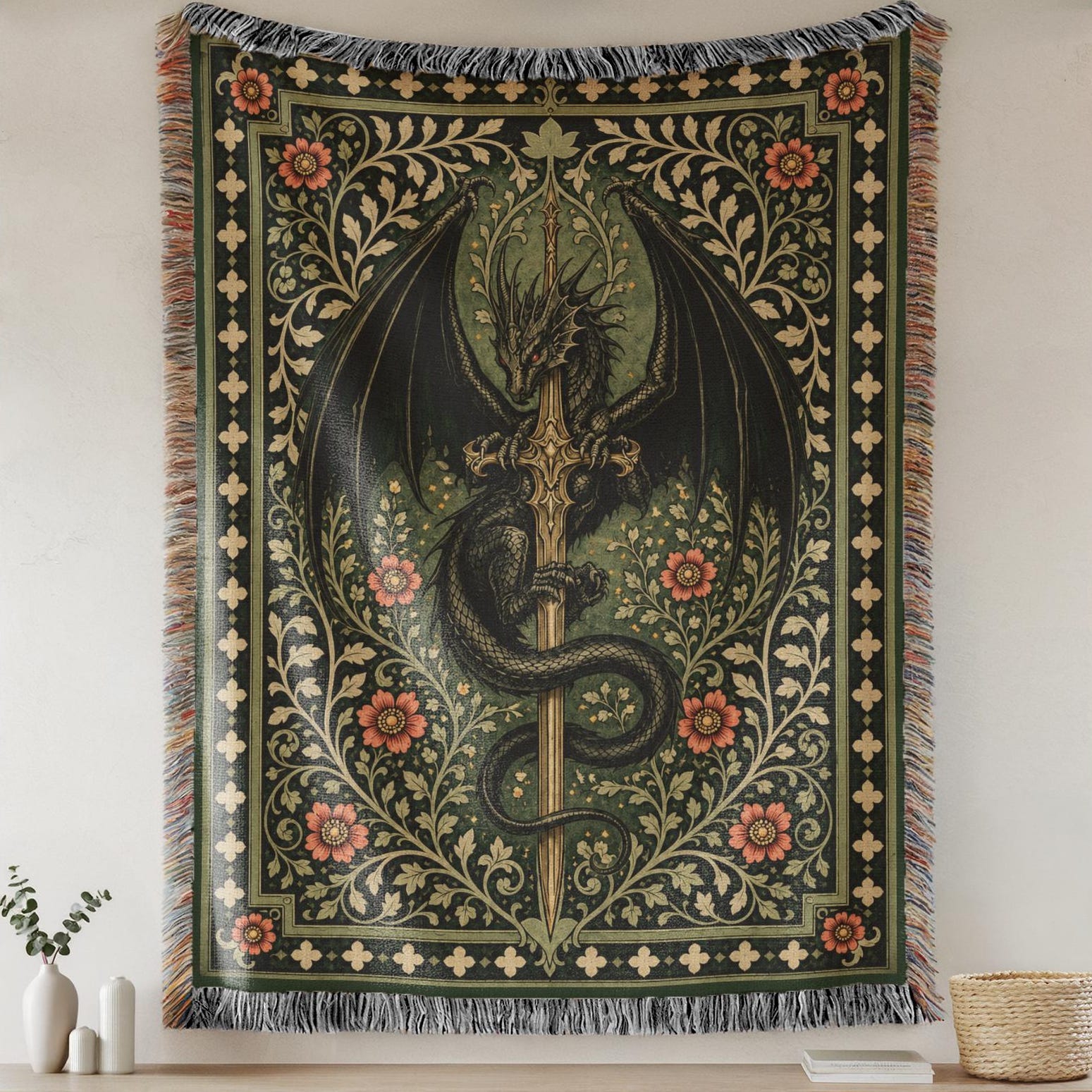 Viking Blanket - Viking Nordic Dragon Woven Cotton Throw Blanket, Fringed Tapestry Decor