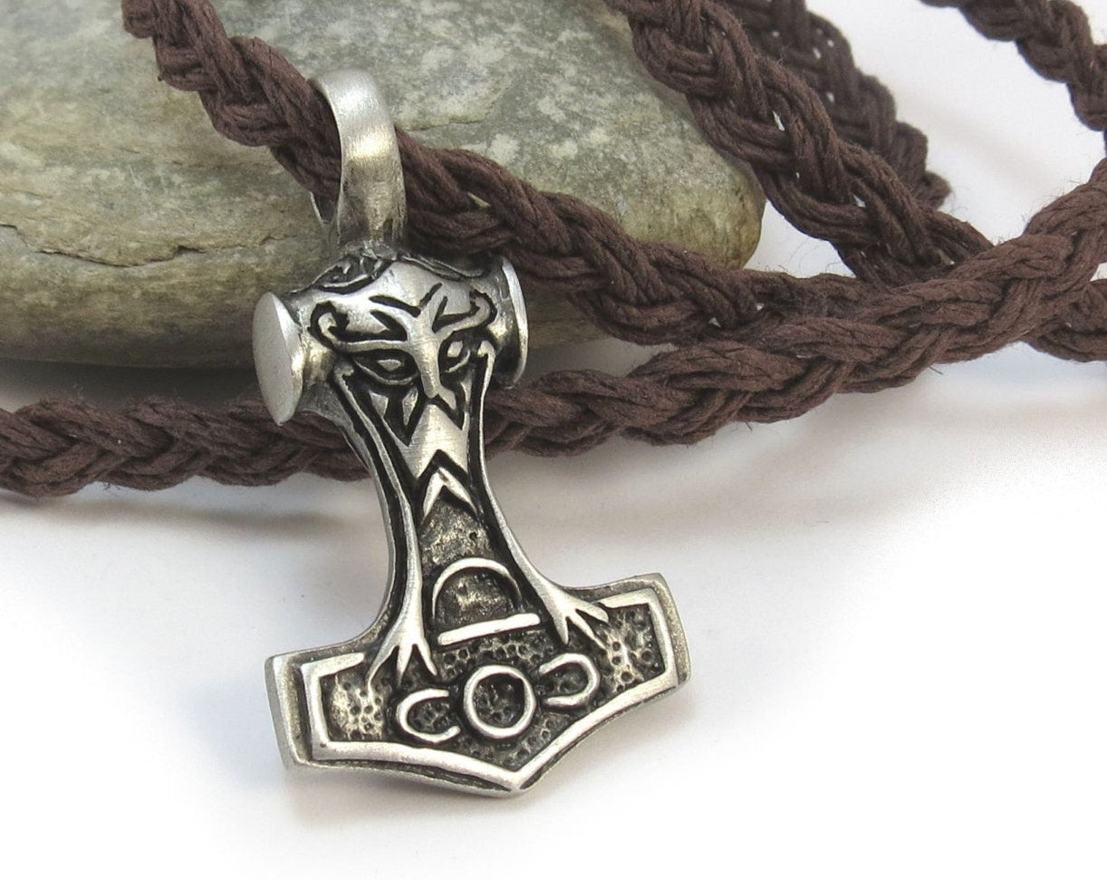 Viking Thor's Hammer Necklace - Gold Mjolnir Necklace with Wolf Heads, Viking Thor Hammer Pendant