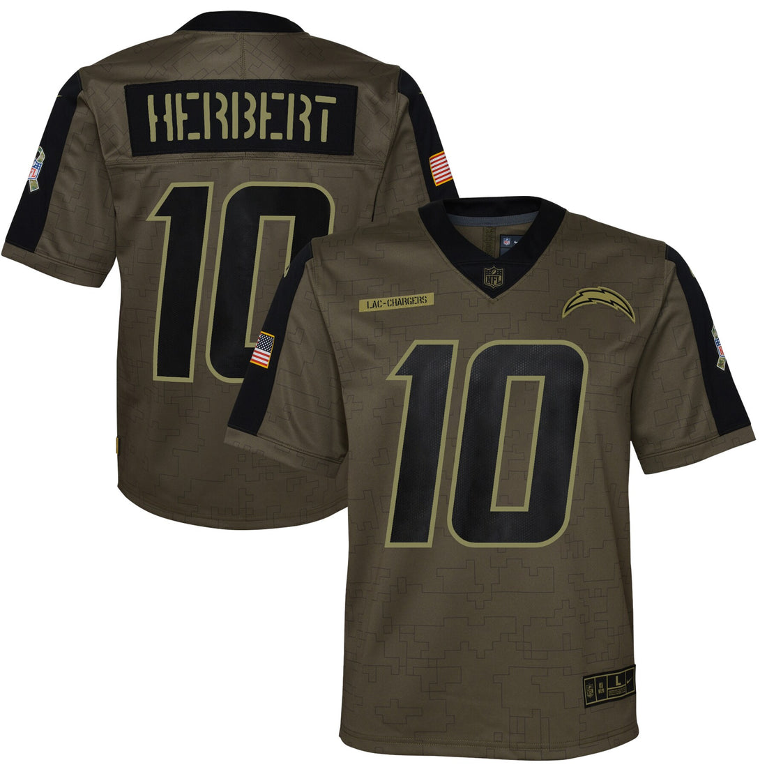 Justin Herbert Los Angeles Chargers olive Salute To Service jersey