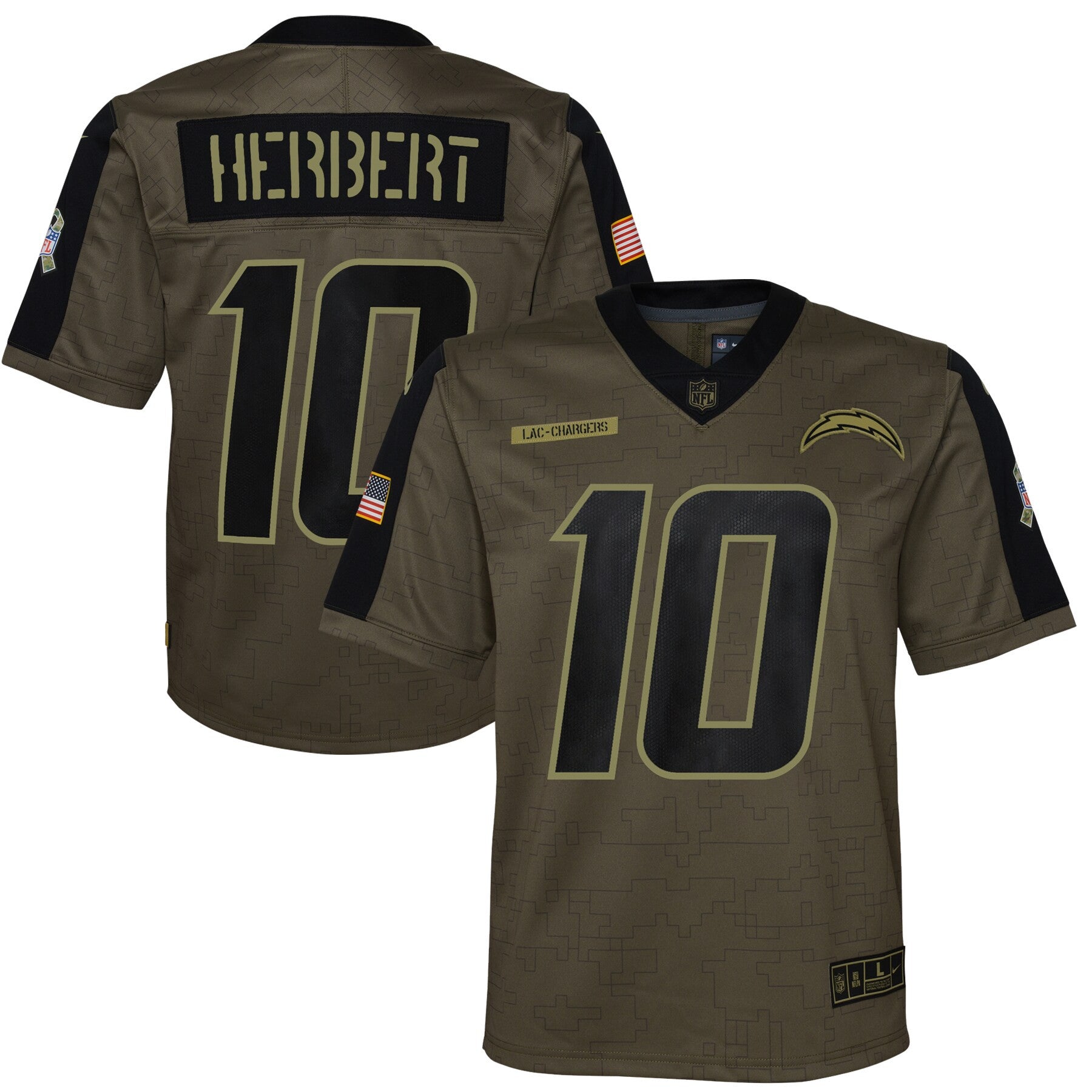Justin Herbert Los Angeles Chargers olive Salute To Service jersey