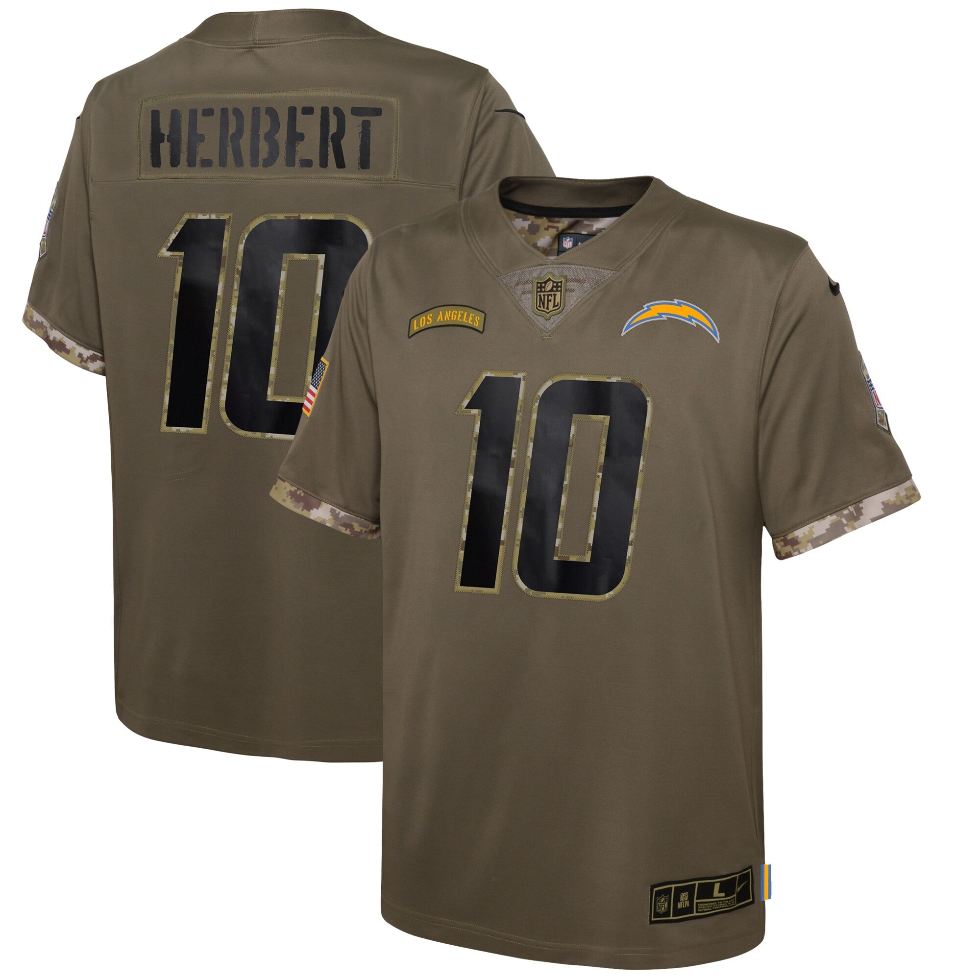 Justin Herbert Los Angeles Chargers olive Salute To Service jersey