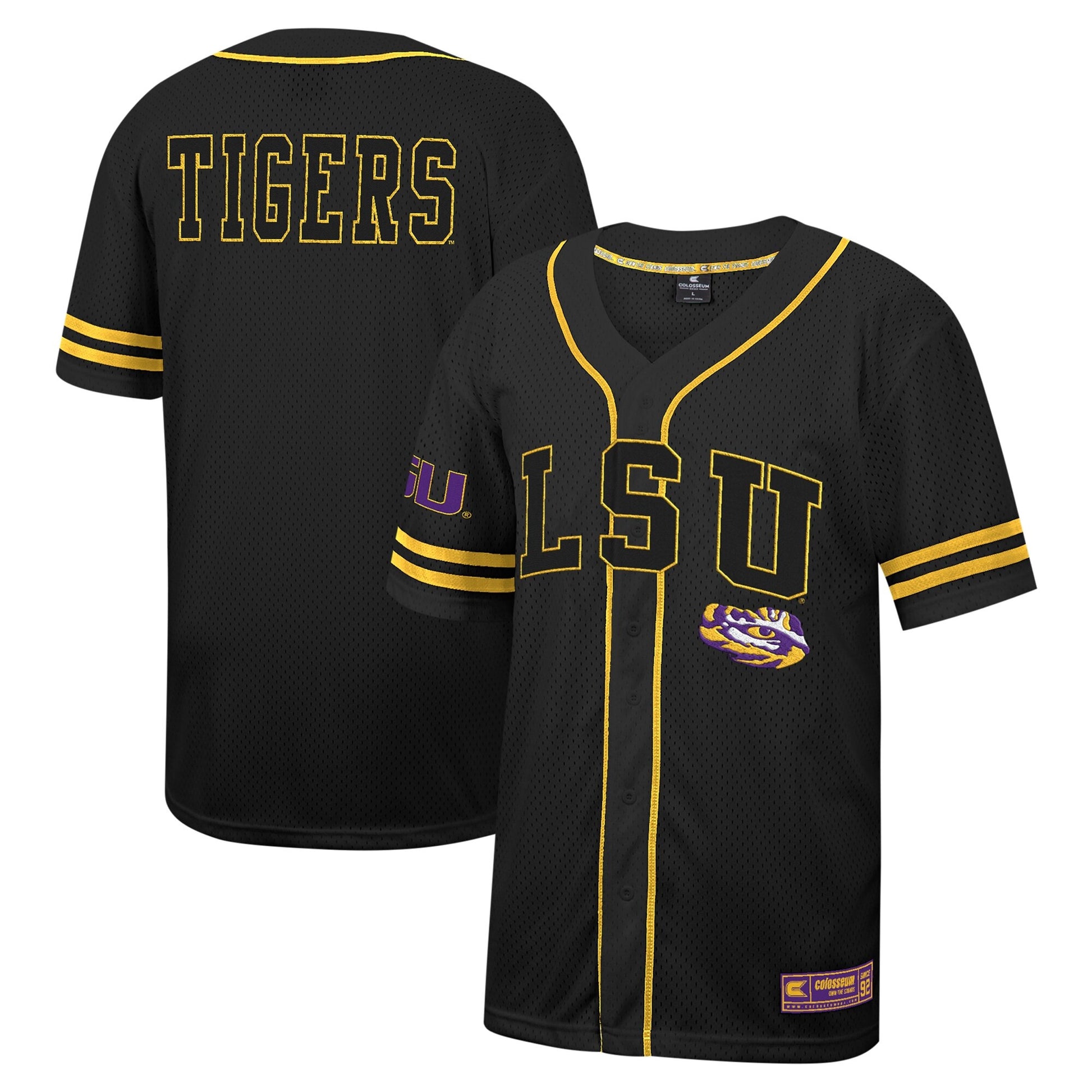 Colosseum Free Spirited Mesh Button-up LSU Tigers black jersey