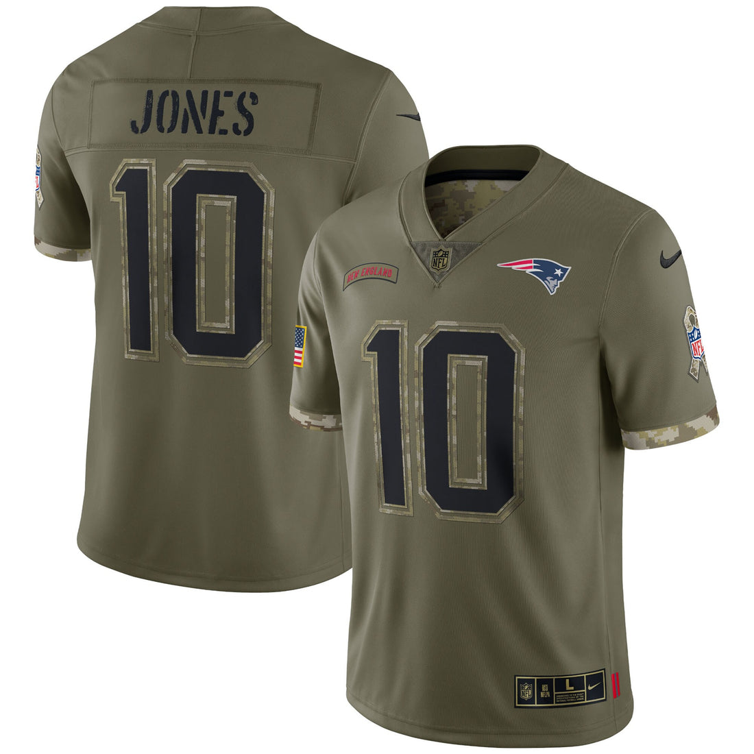 Mac Jones New England Patriots olive Salute To Service jersey