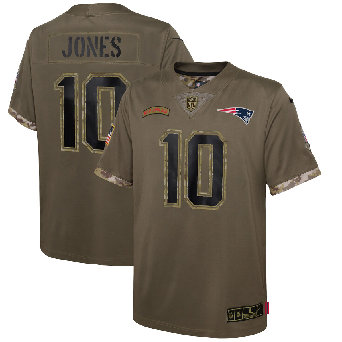 Mac Jones New England Patriots olive Salute To Service jersey