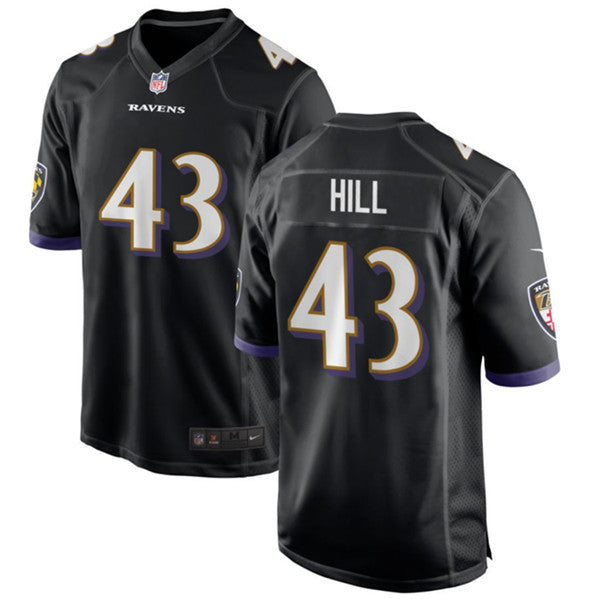 Justice Hill Baltimore Ravens black Game jersey