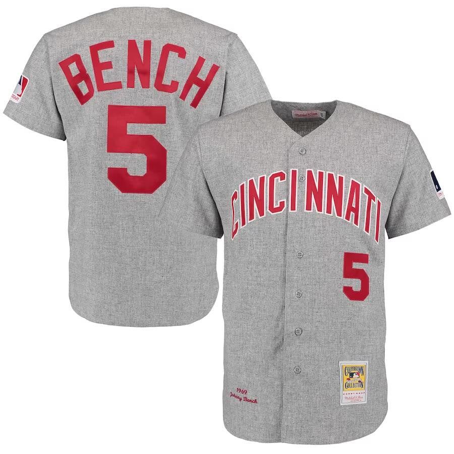 Johnny Bench Mitchell Ness Cincinnati Reds gray Throwback jersey