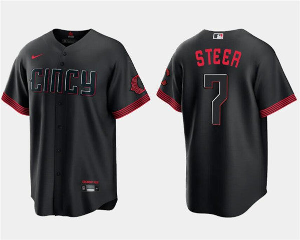 Spencer Steer Cincinnati Reds black City Connect jersey