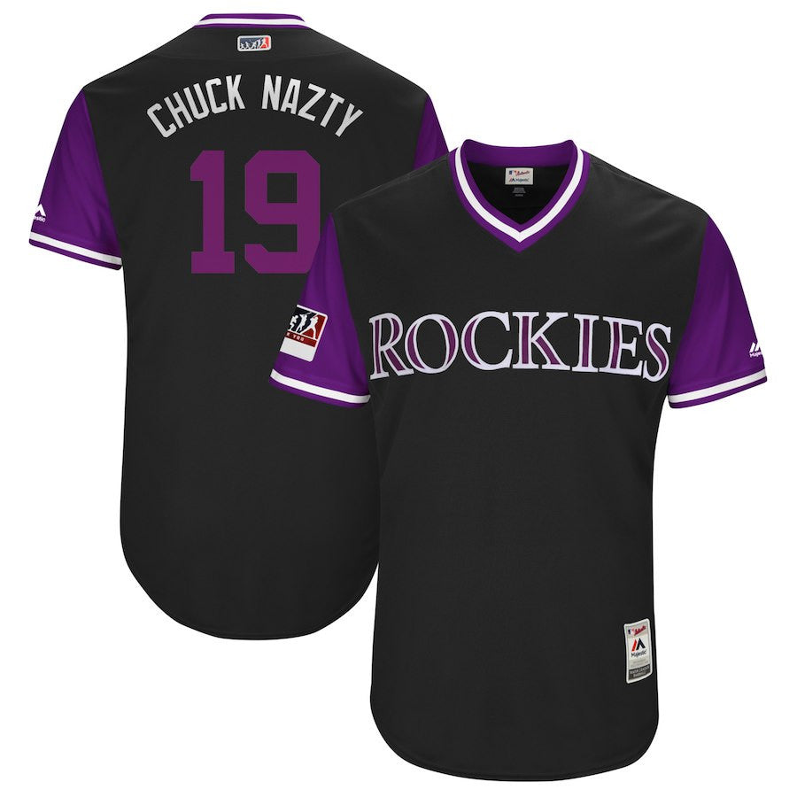 Charlie Blackmon Chuck Nazty Majestic Colorado Rockies black jersey