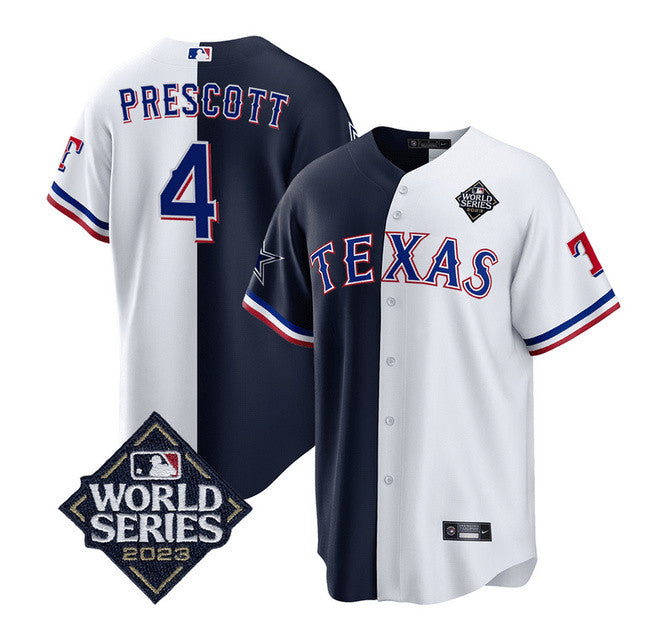 Texas Rangers Dak Prescott Dallas Cowboys navy jersey