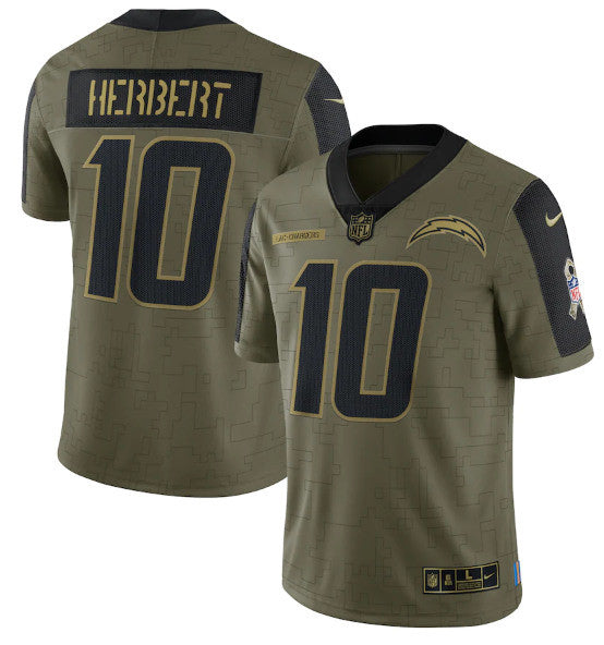 Justin Herbert Los Angeles Chargers olive Salute To Service jersey