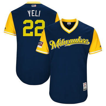 Christian Yelich Yeli Majestic Milwaukee Brewers navy jersey