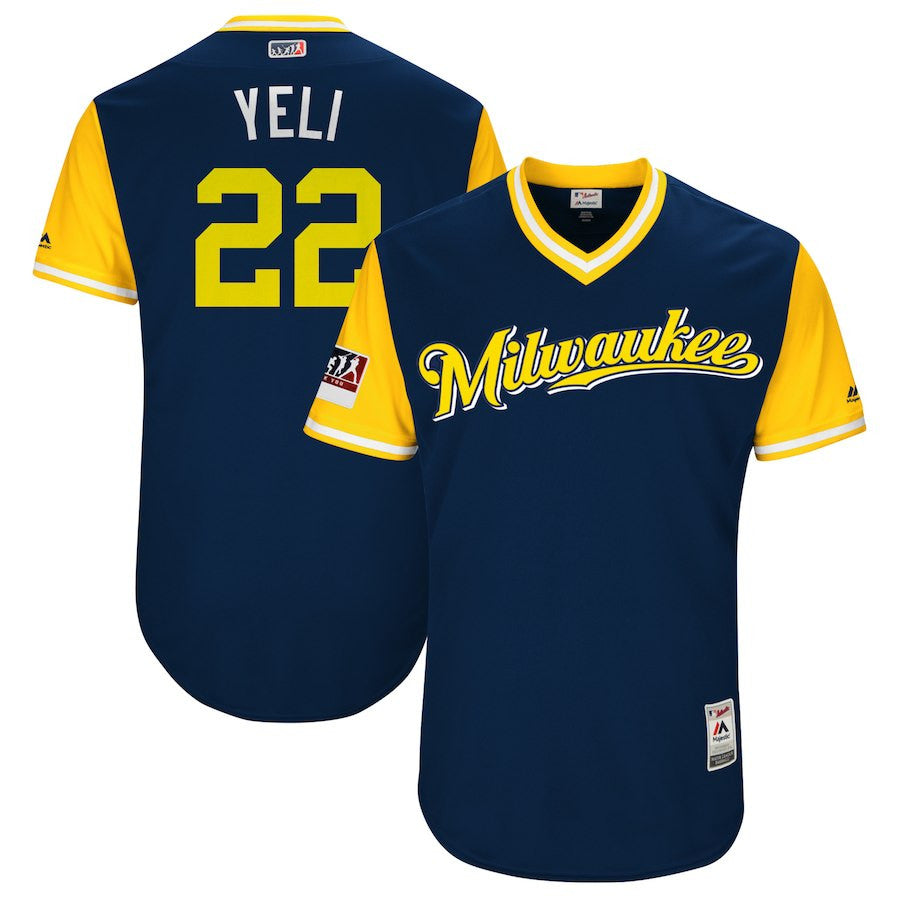 Christian Yelich Yeli Majestic Milwaukee Brewers navy jersey