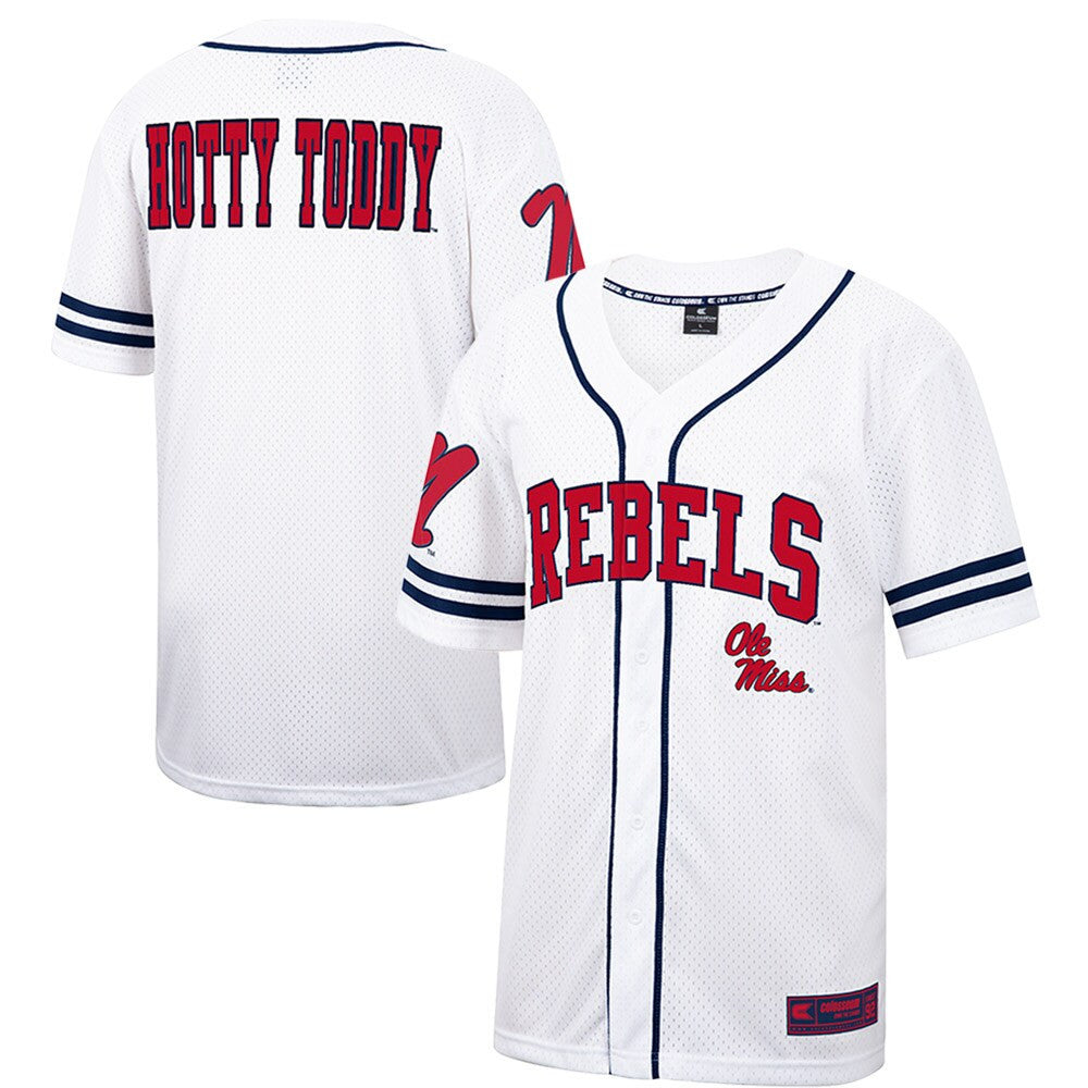 Colosseum Free Spirited Mesh Button-up Ole Miss Rebels white jersey