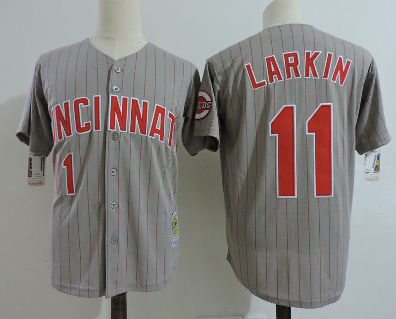 Barry Larkin Cincinnati Reds gray Cooperstown jersey
