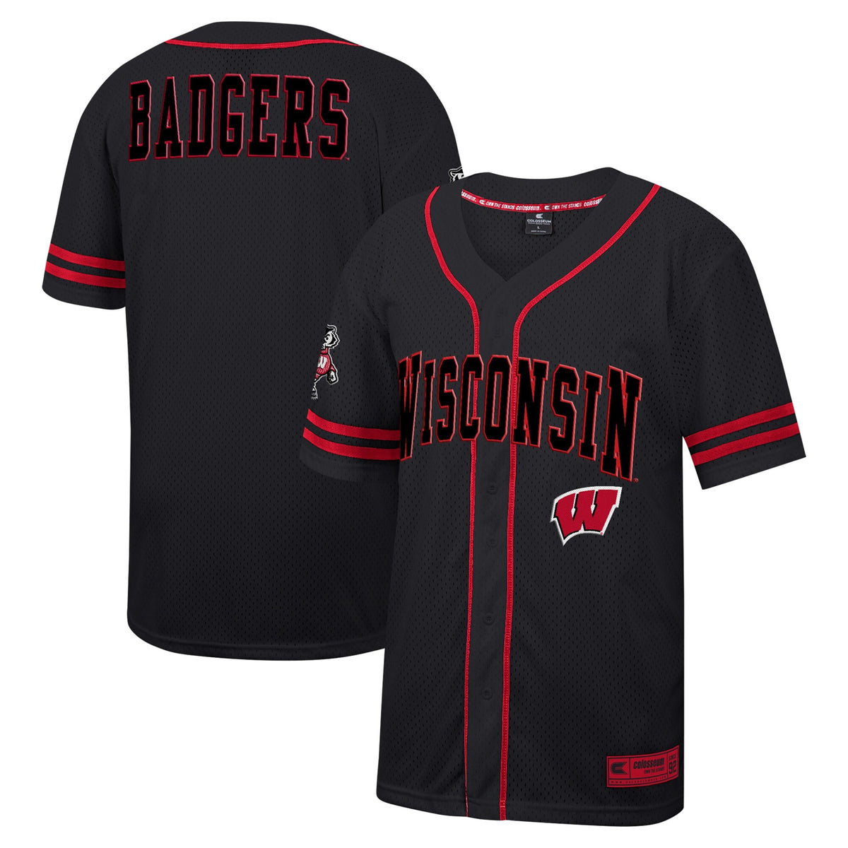 Colosseum Free Spirited Mesh Button-up Wisconsin Badgers black jersey