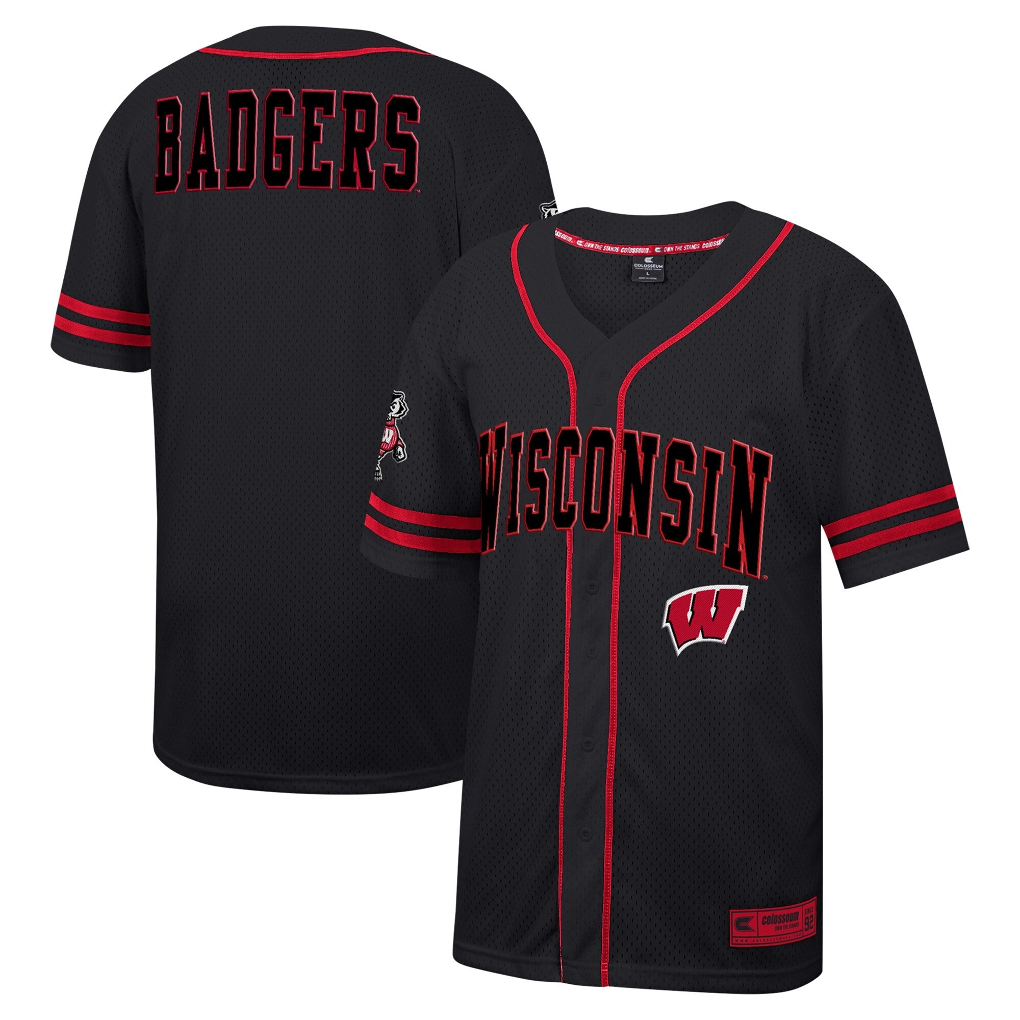 Colosseum Free Spirited Mesh Button-up Wisconsin Badgers black jersey