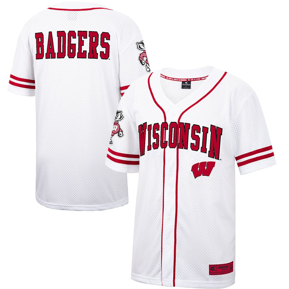Colosseum Free Spirited Mesh Button-up Wisconsin Badgers white jersey